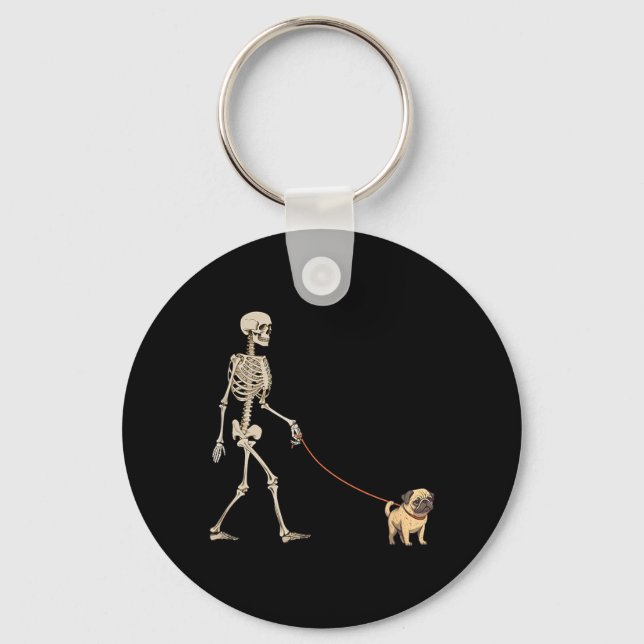 Funny Pug Skeleton Dog Walking Halloween Dog Keychain (Front)