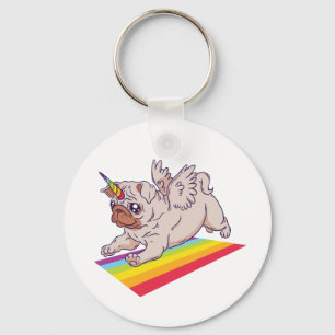 Funny PUG wanna Be A Unicorn Cute Rainbow Dog Keychain