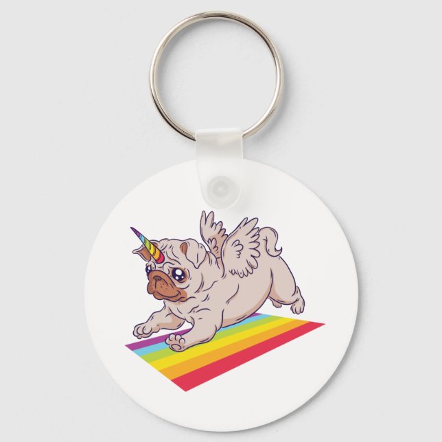 Funny PUG wanna Be A Unicorn Cute Rainbow Dog Keychain (Front)