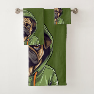 Funny Pug Wearing a Green Hoodie Bath Towel Set