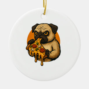 Funny pug with pizza Italian food cartoon Ceramic Ornament