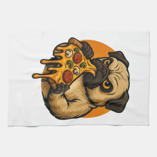 Funny pug with pizza Italian food cartoon Kitchen Towel
