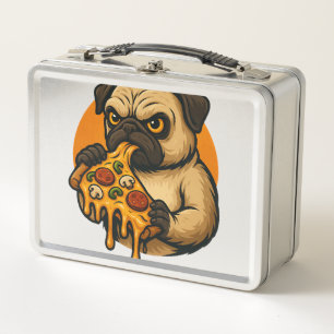 Funny pug with pizza Italian food cartoon Metal Lunch Box