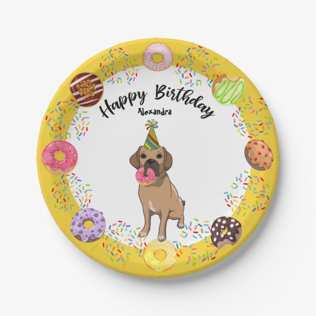 Funny Puggle Dog Doughnuts Birthday Party Paper Plate (Front)