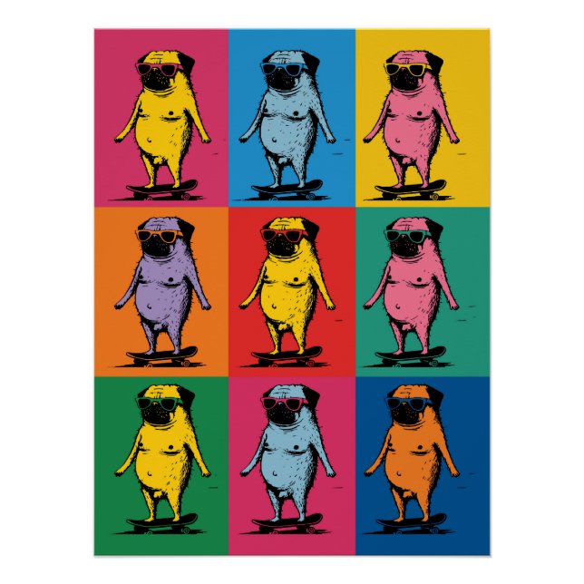 Funny Pugs on Skateboards Pop Art Grid Poster (Front)
