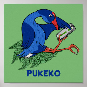 Funny Pukeko with mobile phone Poster
