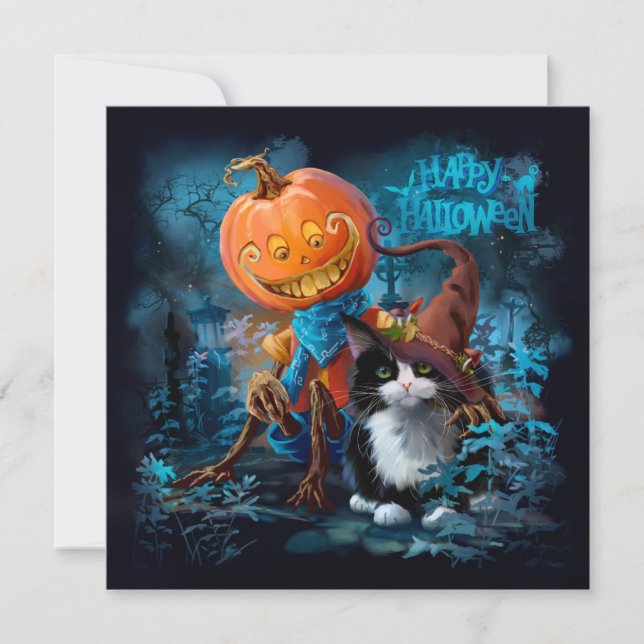 Funny pumpkin and cat in a magic hat invitation (Front)