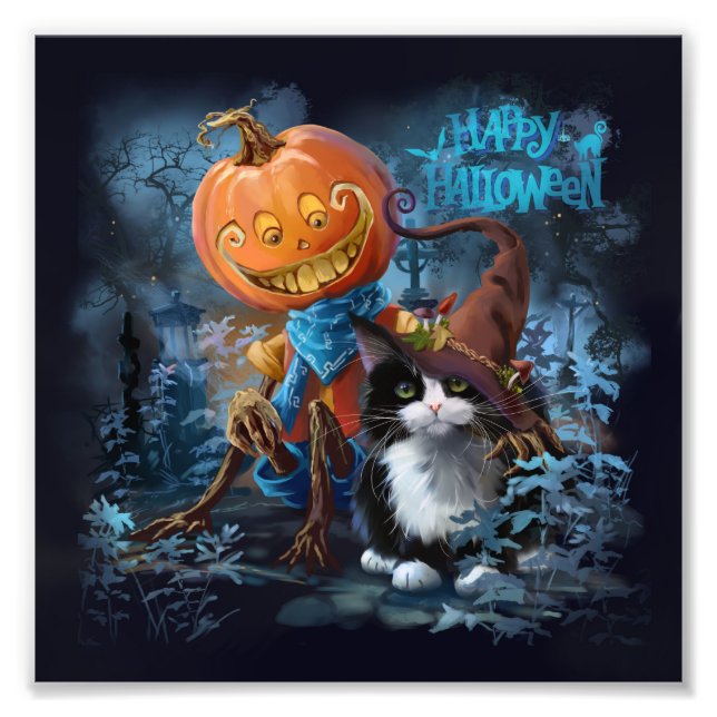 Funny pumpkin and cat in a magic hat photo print (Front)