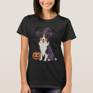 Funny Pumpkin Bat Witch Costume Border Collie Dog  T-Shirt