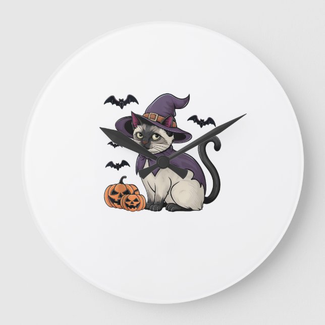 Funny Pumpkin Bat Witch Costume Cat Halloween Tank Large Clock (Front)