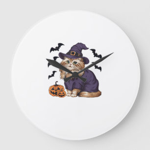 Funny Pumpkin Bat Witch Costume Persian Cat Hallow Large Clock
