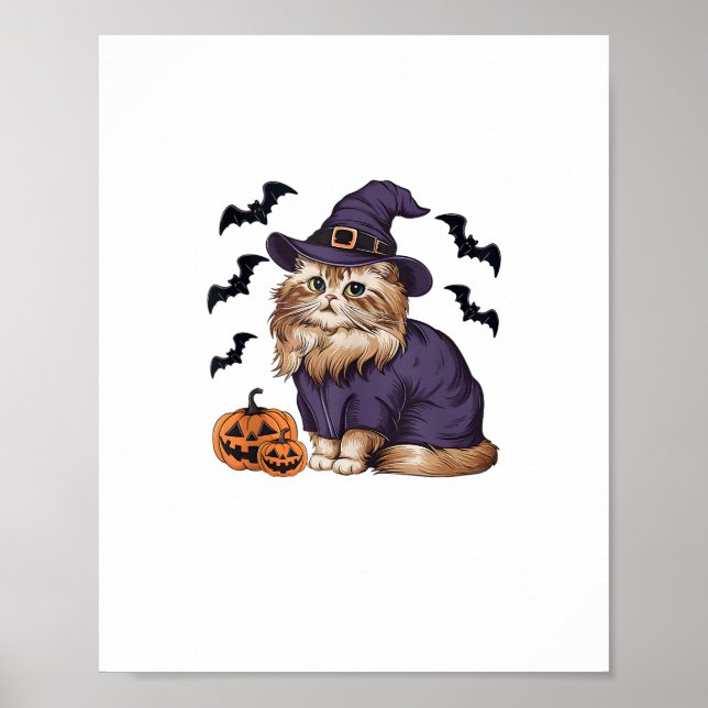 Funny Pumpkin Bat Witch Costume Persian Cat Hallow Poster (Front)