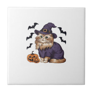 Funny Pumpkin Bat Witch Costume Persian Cat Hallow Tile