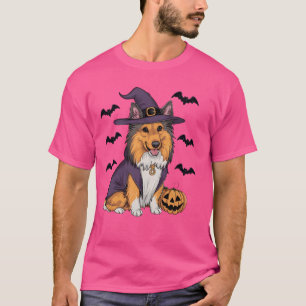 Funny Pumpkin Bat Witch Costume Sheltie Dog Hallow T-Shirt