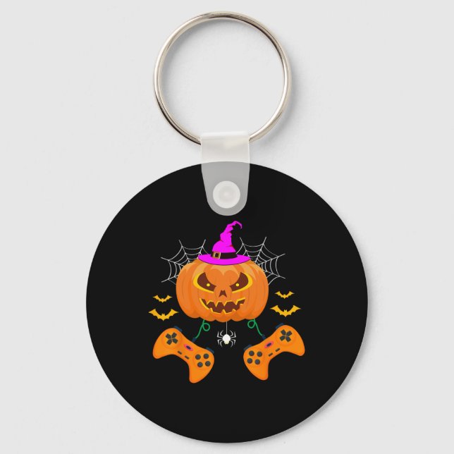 Funny Pumpkin Jack O Lantern Video Gamer  Keychain (Front)