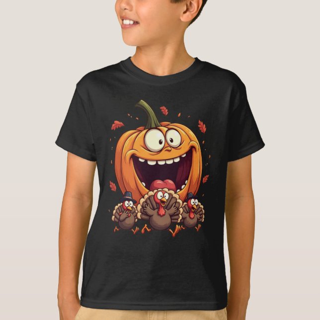 Funny Pumpkin Pie Chasing Turkeys Men Women Kids T-Shirt (Front)