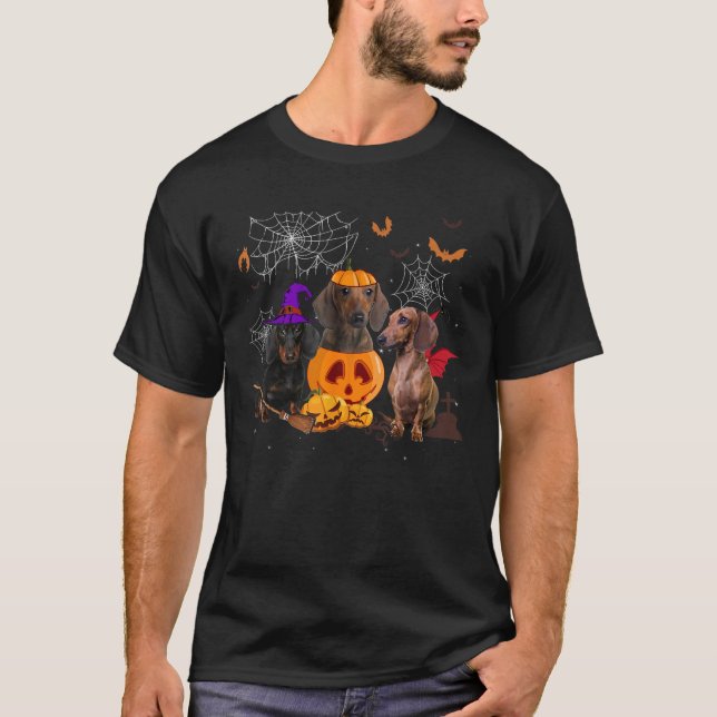 Funny Pumpkin Witch Dachshund Matching Dog Hallowe T-Shirt (Front)