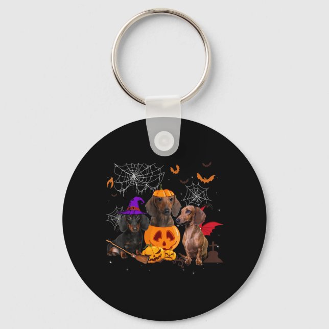 Funny Pumpkin Witch Dachshund Matching Dog Keychain (Front)