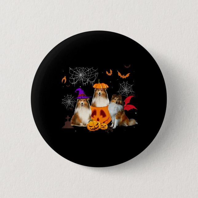 Funny Pumpkin Witch Sheltie Matching Dog Halloween 2 Inch Round Button (Front)
