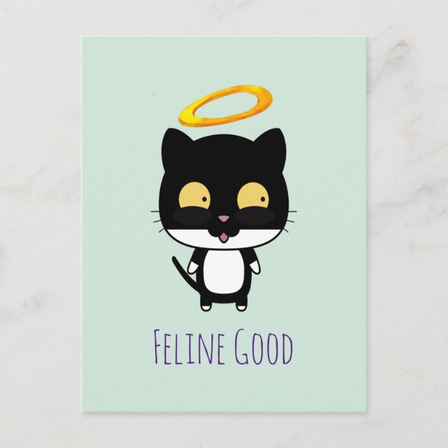Funny Pun Black Cat With A Golden Halo Cartoon Postcard (Front)