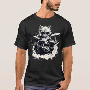 Funny Punk Kitten Kitty Cat Drummer Playing Drums T-Shirt