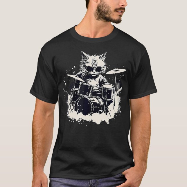Funny Punk Kitten Kitty Cat Drummer Playing Drums T-Shirt (Front)