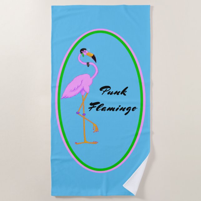 Funny Punk Pink Flamingo on Teal Beach Towel (Front)