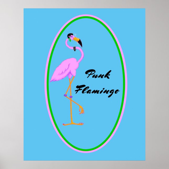 Funny Punk Pink Flamingo on Teal Poster (Front)