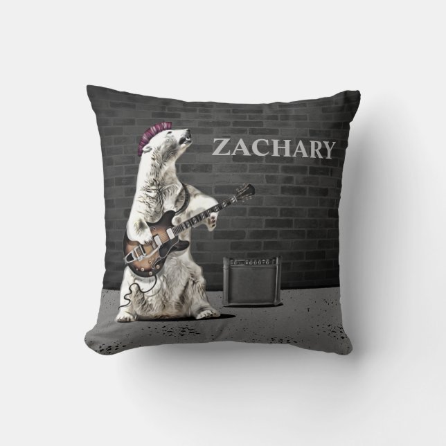 Funny Punk Rock Bear Guitar Custom Name Musician Throw Pillow (Front)