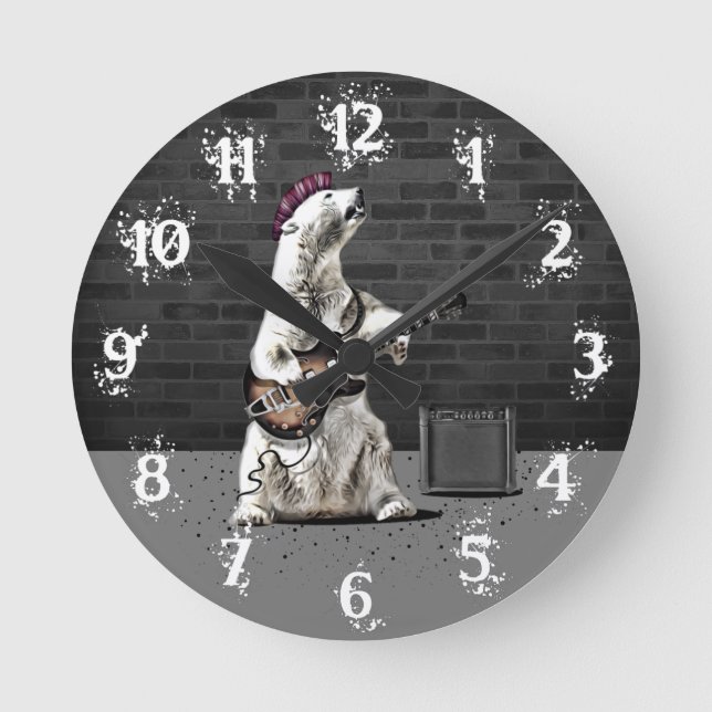 Funny Punk Rock Bear Playing Guitar Heavy Metal Round Clock (Front)