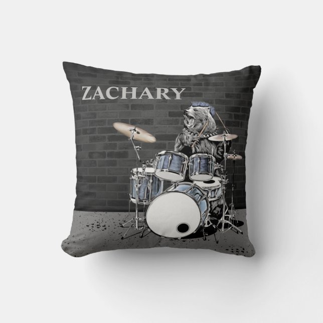 Funny Punk Rock Drummer Bear Custom Name Musician Throw Pillow (Front)