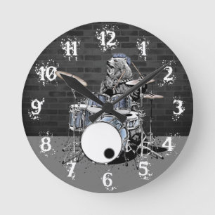 Funny Punk Rock Drummer Bear Playing Drums Rocker Round Clock