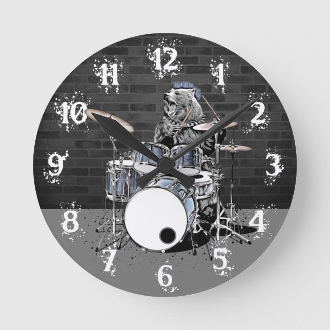 Funny Punk Rock Drummer Bear Playing Drums Rocker Round Clock (Front)