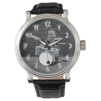 Funny Punk Rock Drummer Bear Playing Drums Rocker Watch
