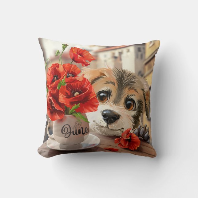 Funny puppy and poppy flowers throw pillow (Front)