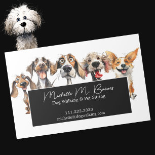 Funny Puppy Dog Walker Sitter Black White Magnetic Business Card