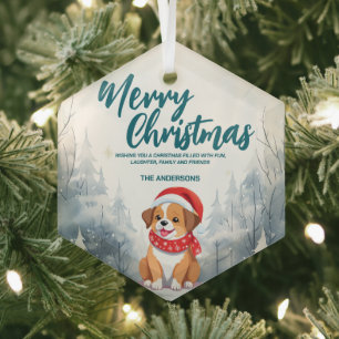Funny Puppy Merry Xmas tree snow Holiday party Glass Ornament