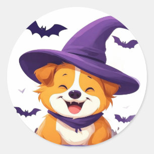 Funny Puppy Witch Hat Halloween Cute Dog Scene Classic Round Sticker