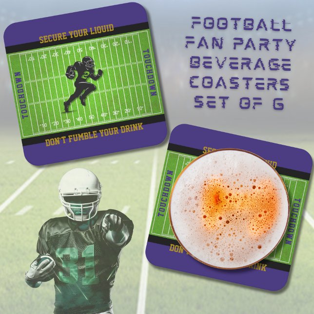 Funny Purple Football Game Day Coasters (Don't let your drinks fumble the table! Secure Your Liquid with this fun set of football coasters)
