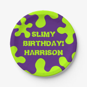 Funny purple green slime custom name birthday  paper plate