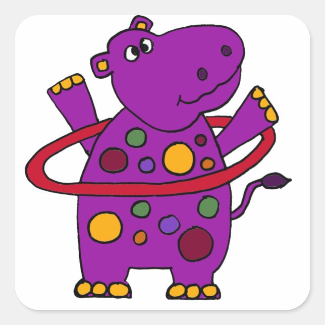 Funny Purple Hippo Playing Hula Hoop Square Sticker (Front)