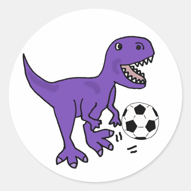 Funny Purple T-rex Dinosaur Playing Soccer Classic Round Sticker (Front)