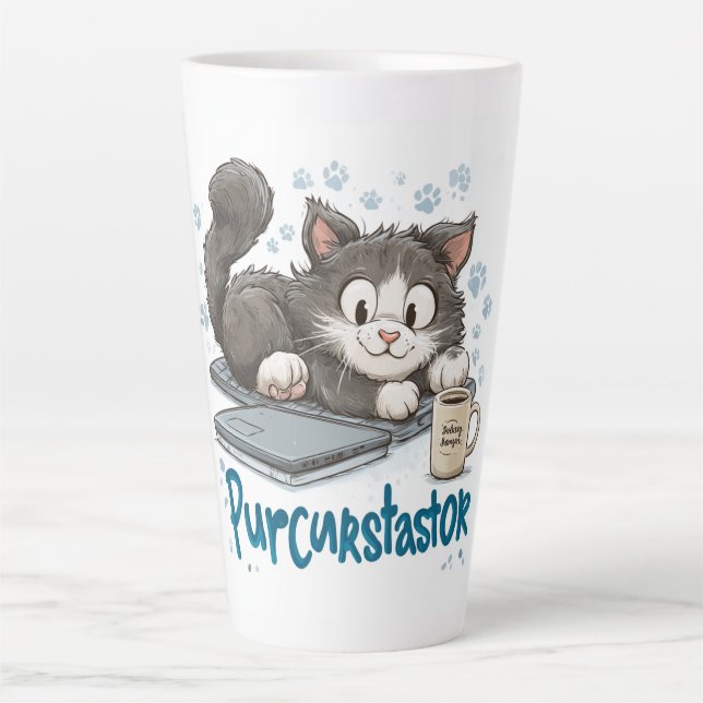 Funny "Purrcrasator" Cat Sleeping on Laptop | Cute Latte Mug (Front)