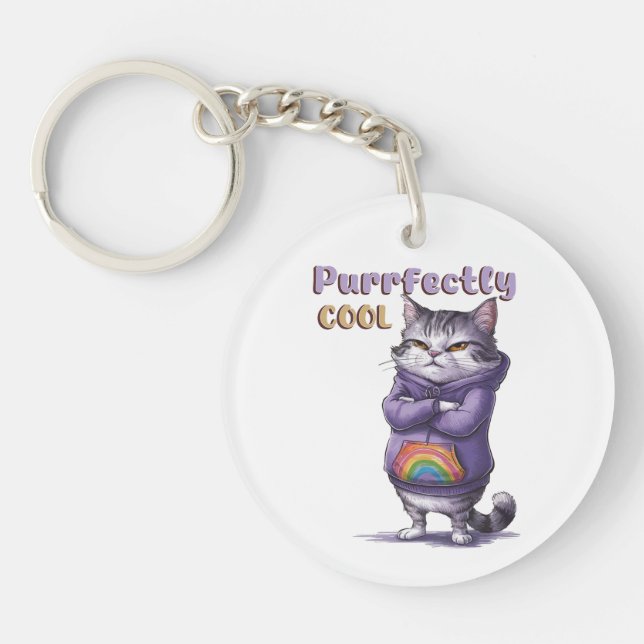 Funny Purrfectly Cool" Cat Keychain (Front)