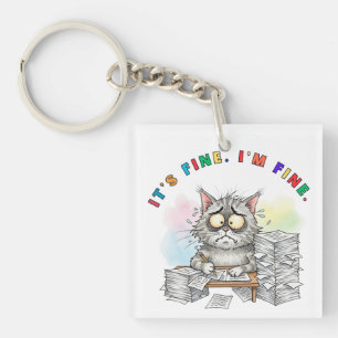 Funny Quirky Cat 'It's Fine.I'm Fine.'  Keychain