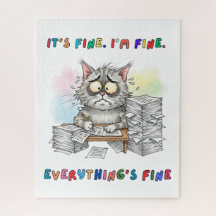 Funny Quirky Doodle Cat "Everything’s Fine" Jigsaw Puzzle