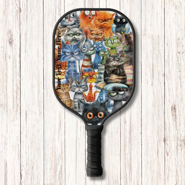 Funny Quirky Mean Cats Modern Monogram  Pickleball Paddle (Creator Uploaded)