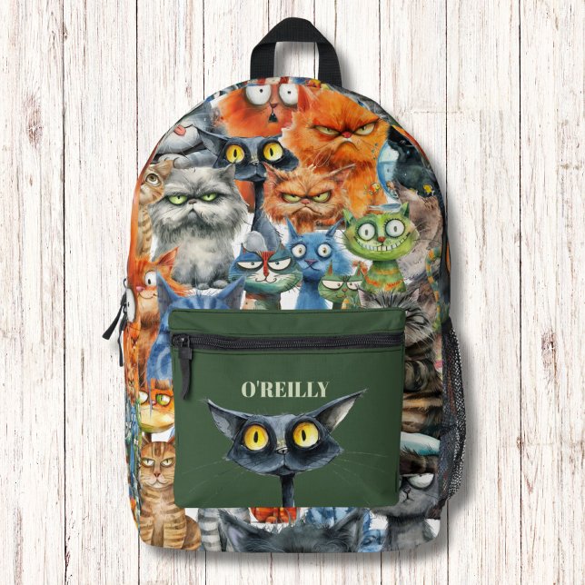 Funny Quirky Mean Cats Modern Monogram Printed Backpack (Creator Uploaded)