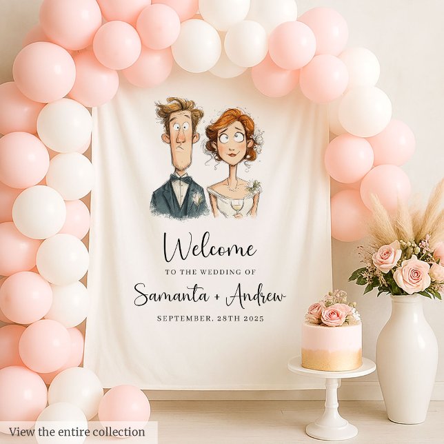 Funny Quirky Newlyweds Wedding Backdrop Watercolor Tapestry (Funny Quirky Newlyweds Wedding Backdrop Watercolor)