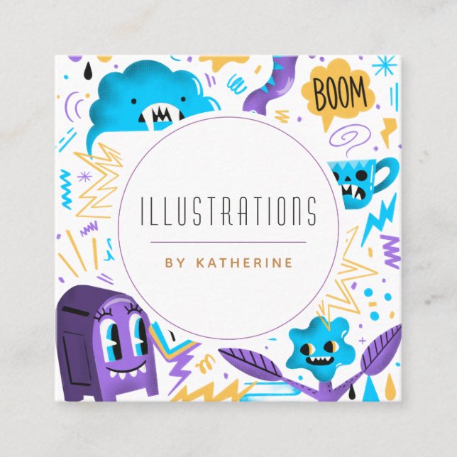 Funny Quirky Pattern Graphic Designer Illustrator  Square Business Card (Front)